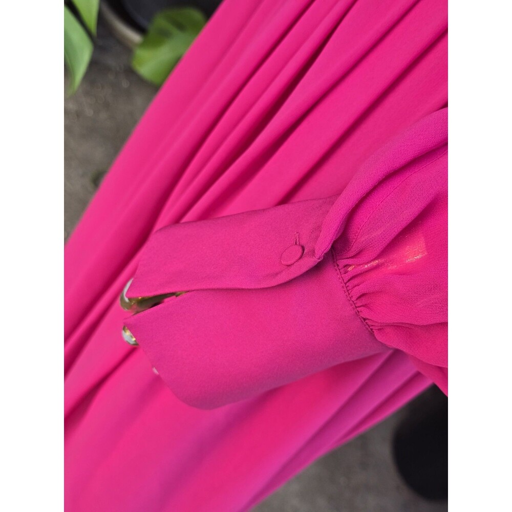 Self-Portrait Fuchsia Pink Chiffon Ruffle Lace Midi Dress Long Sleeve US 8 UK 12 - Picture 7 of 12